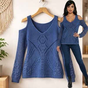 🛍️ INC Blue Boho Cold-Shoulder Pointelle Knit Cut out Sweater Size MEDIUM